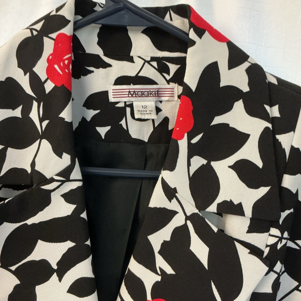 Maakif Black and White Blazer with Red Floral Accents. Self tie belt.